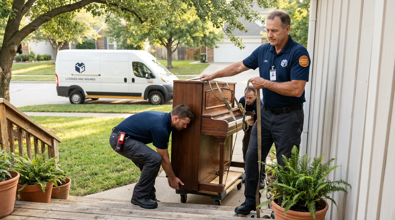 Licensed piano movers securing grand piano in Clatskanie, OR