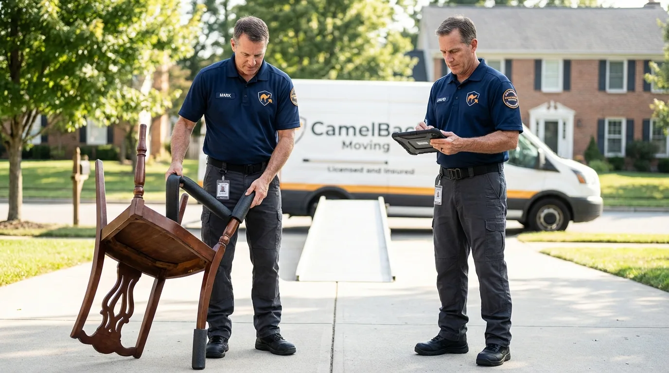 Movers inspecting furniture for damage prevention before loading in Clatskanie, OR